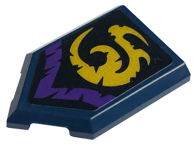 Lego Tile, Modified 2 x 3 Pentagonal with Gold and Dark Purple Curly Symbols on Black Background Pattern (Sticker) - Set 71771