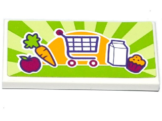 Lego Tile 2 x 4 with Apple, Carrot, Shopping Cart / Trolley, Milk Carton and Cupcake Pattern (Sticker) - Set 41118 / White