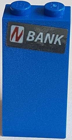 Lego Slope 75 2 x 2 x 3 - Solid Studs with Slanted Red Letter N in White Rounded Rectangle and White 'BANK' Pattern (Sticker) - Set 76082 / Blue