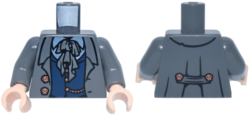 Lego Torso Suit Jacket Open, Copper Skull Buttons and Chain, Ascot, Dark Blue Vest over Medium Blue Shirt Pattern / Dark Bluish Gray Arms / Light Nougat Hands