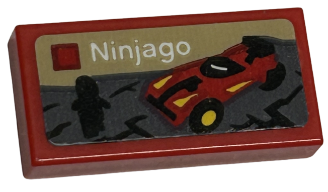 Lego Tile 1 x 2 with LEGO Ninjago Set Box Art, Black Ninja Minifigure Silhouette and Red Car Pattern (Sticker) - Set 40574 / Red