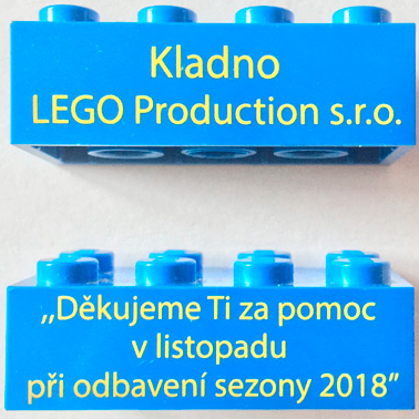 Lego Brick 2 x 4 with 'Kladno LEGO Production s.r.o.' and 'Thank you for your help in November 2018' (Translated Czech) Pattern on Opposite Sides / Blue