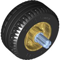 Lego Wheel 18 x 14 with Pin Hole, Fake Bolts and Shallow Spokes With Black Tyre, Pin with Axle / Pearl Gold