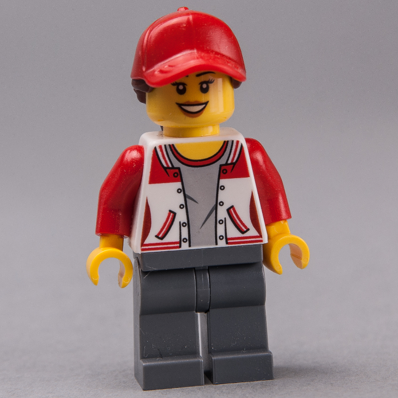 Lego Woman, Red and White Letterman Jacket, Dark Bluish Gray Legs, Red Cap with Hair