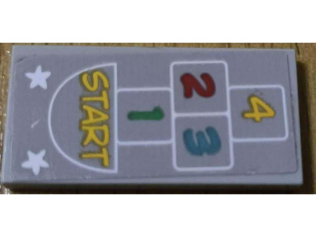 Lego Tile 2 x 4 with White Stars and Hopscotch Outline Bottom Half with 'START' and Numbers 1, 2, 3 and 4 Pattern (Sticker) - Set 60329 / Light Bluish Gray