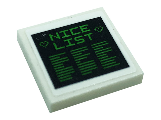 Lego Tile, Modified 2 x 2 Inverted with 'NICE LIST', Hearts, and Lines on Black Background Pattern (Sticker) - Set 10275 / White