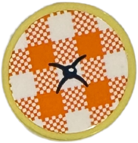 Lego Tile, Round 2 x 2 with Bottom Stud Holder with Cushion with Dark Blue Button and Orange and White Gingham Pattern (Sticker) - Set 41735