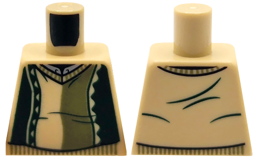 Lego Torso Sweater with Olive Green Panel and Collar, Dark Green Stripes and Creases, Light Bluish Gray Shirt Pattern / Tan