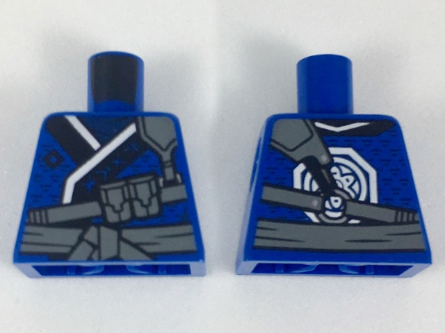 Lego Torso Tunic, Dark Bluish Gray Sash and Utility Strap, Black and White Hem, Emblem on Back Pattern / Blue