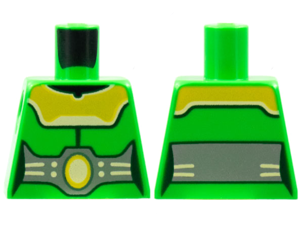 Lego Torso Female Armor Yellow Mantle, Large Silver Belt with Yellow Oval, White Trim Pattern / Bright Green