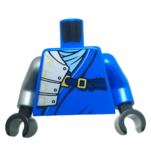 Lego Torso, Odd Arms, Silver Armor over Right Arm, Gold Lightning, Dark Blue Strap print, Left Blue Arm, Right Flat Silver Arm, Black Hands / Blue