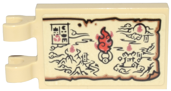 Lego Tile, Modified 2 x 3 with 2 Open O Clips with Parchment Map with Mountains, Clouds, and Red Fire Ring Pattern (Sticker) - Sets 80031, 80033, 80036, 80037, 80038 / Tan