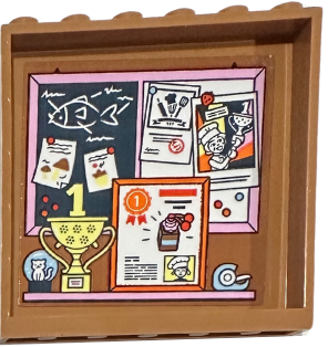 Lego Panel 1 x 6 x 5 with Bulletin Board / Pinboard with Posters and Shelf with Snowglobe, Trophy and Tape Dispenser Pattern (Sticker) - Set 42655 / Medium Nougat