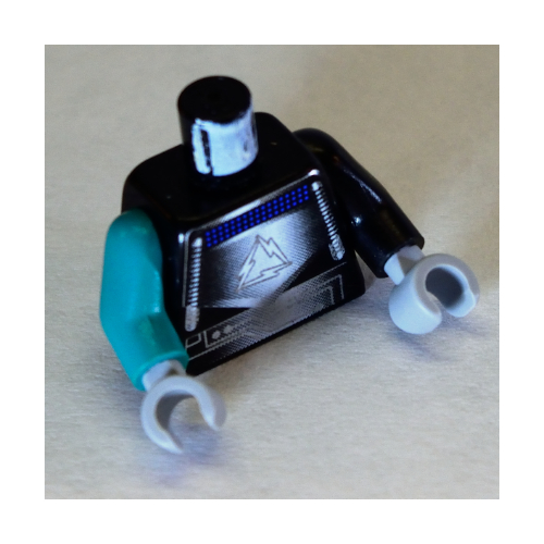 Lego Torso, Odd Arms, Shirt, Gray and Silver Detailing Print (Android), Left Black Arm, Right Dark Turquoise Arm, Light Bluish Gray Hands / Black