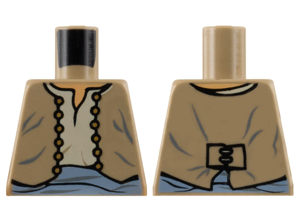 Lego Torso Merchant Vest Open with Gold Buttons over Tan Shirt, Sand Blue Sash, Nougat Neck Pattern / Dark Tan