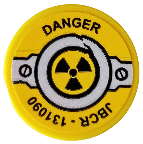 Lego Tile, Round 2 x 2 with Bottom Stud Holder with Black 'DANGER', 'JBCR - 131090', Rivets and Radioactivity Warning Pattern (Sticker) - Set 76078 / Yellow