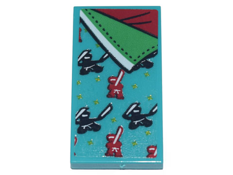 Lego Tile 2 x 4 with Bedspread with Red and Black Ninjas, Green and Red Sheets Pattern (Sticker) - Set 71741 / Dark Turquoise