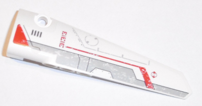 Lego Technic, Panel Fairing # 5 Long Smooth, Side A with Red Triangle and '31313' and Light Bluish Gray and Red Stripes Pattern (Sticker) - Set 31313 / White