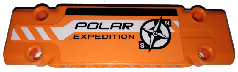 Lego Technic, Panel Plate 3 x 11 x 1 with Black and White Stripes Partially Dotted, 'POLAR EXPEDITION' and Compass Logo on Orange Background Pattern Model Right Side (Sticker) - Set 42038 / Orange