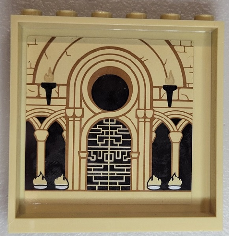 Lego Panel 1 x 6 x 5 with Torches, Bricks, Arches, Doorway and Fires Pattern on Inside (Sticker) - Set 71043 / Tan