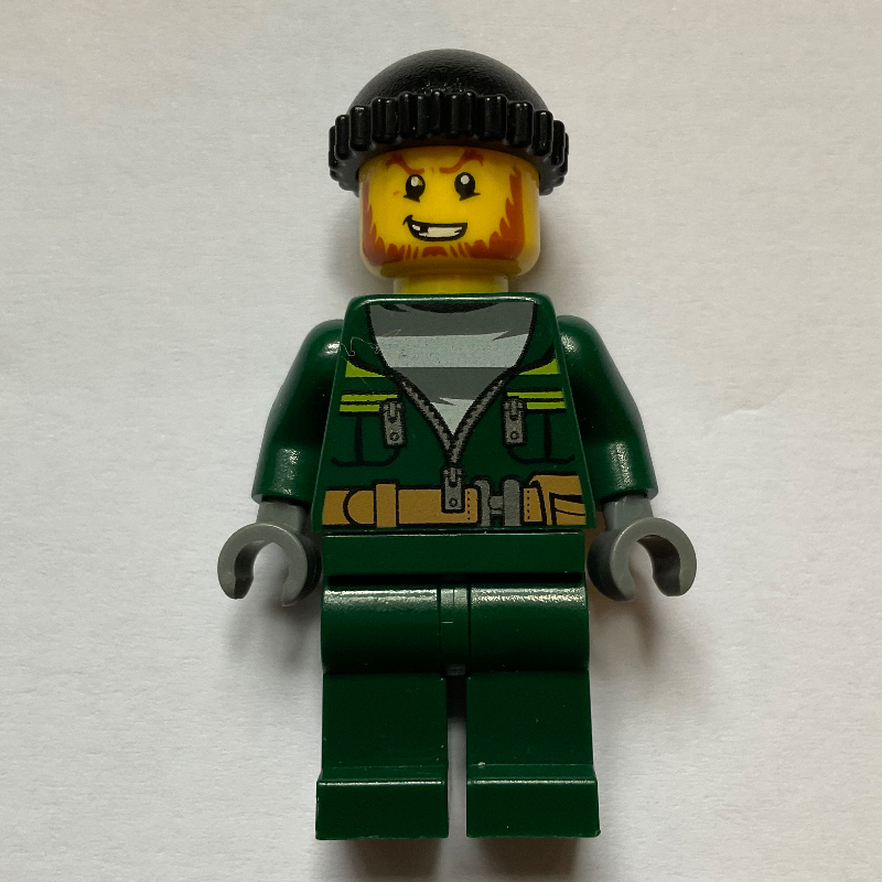 Lego Criminal, Open Dark Green Jacket over Prison Shirt, Black Hat, Beard