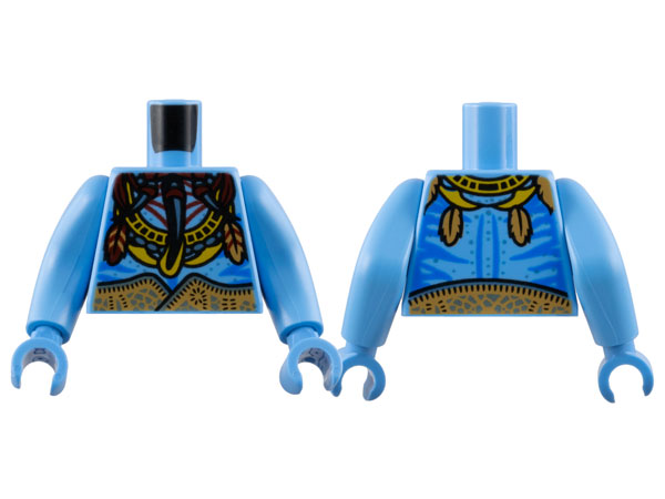 Lego Torso Na'vi with Blue Markings, Ornate Bright Light Orange Mantle, Reddish Brown Feathers, and Medium Nougat Belt Pattern / Medium Blue Arms Long / Medium Blue Hands