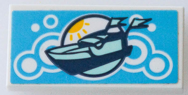 Lego Tile 2 x 4 with Dark Blue and Light Aqua Boat, Yellow Sun and Medium Azure Circles Pattern (Sticker) - Set 41433 / White