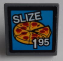 Lego Road Sign 2 x 2 Square with Open O Clip with Pizza 'SLIZE' and '195' Pattern (Sticker) - Set 60200