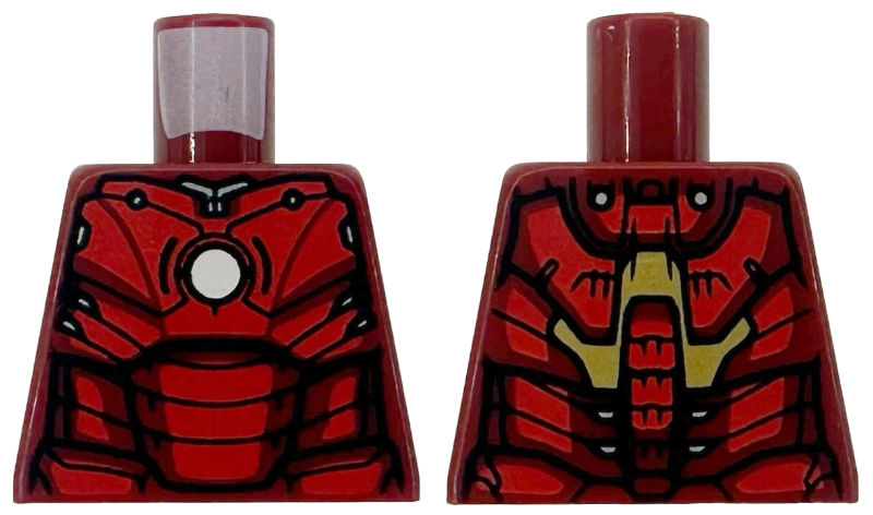 Lego Torso Armor with White Circle Arc Reactor, Red Panels, Gold Trim on Back, 4 Detailed Spine Segments Pattern (Iron Man Mark 3) / Dark Red
