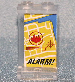 Lego Panel 1 x 2 x 3 - Solid Studs with City Map with Flame and 'ALARM!' Pattern (Sticker) - Set 7240 / Trans-Clear