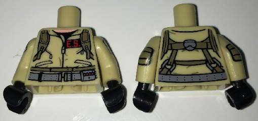 Lego Torso Ghostbusters Jumpsuit with 'E.S.' ID Badge and Straps on Reverse Pattern / Tan Arms with Ghostbusters Pattern / Black Hands