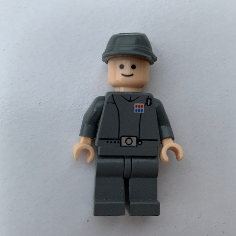 Lego Imperial Officer / Captain / Commandant / Commander, Dark Bluish Gray Uniform, Cavalry Cap, Black Eyes