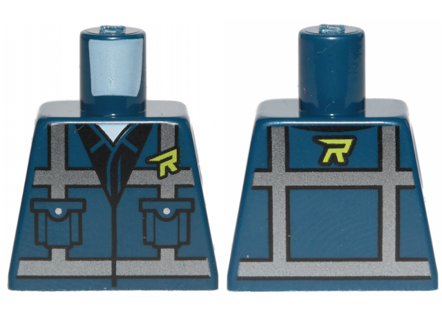 Lego Torso Safety Vest with Pockets, Silver Reflective Crossed Stripes, and Lime Stylized Capital Letter R over Black Shirt and White Undershirt Pattern / Dark Blue