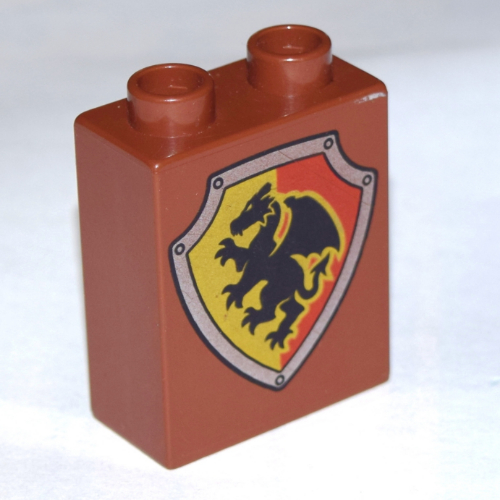 Lego Duplo Brick 1 x 2 x 2 with Shield, Dragon with Yellow and Red Background Print / Black