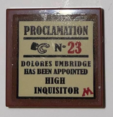 Lego Tile 2 x 2 with Black and Red 'PROCLAMATION No. 23', Minifigure Hand, Text, and Letter M on Tan Background Pattern (Sticker) - Set 75966 / Reddish Brown
