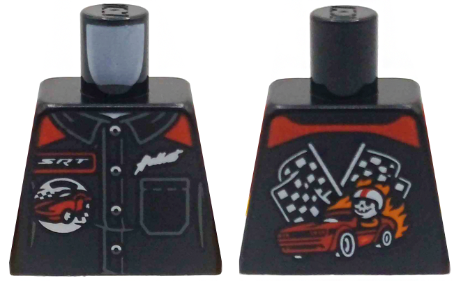 Lego Torso Racing Suit with Dark Bluish Buttons and Pocket, White 'SRT' and 'Hellcat', Red Dodge Car with Skeleton Driver and Checkered Flags on Back Pattern / Black