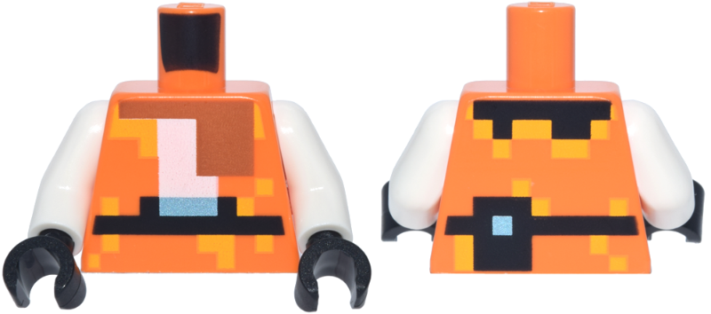 Lego Torso Pixelated Tunic with Bright Light Orange Dots, Dark Orange Scarf, Black Belt and Pouch, Metallic Light Blue Buckle Pattern / White Arms / Black Hands
