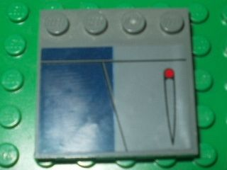 Lego Tile, Modified 4 x 4 with Studs on Edge with Lines, Red Dot, and Dark Blue Rectangle Pattern Model Right Side (Sticker) - Set 8016 / Dark Bluish Gray