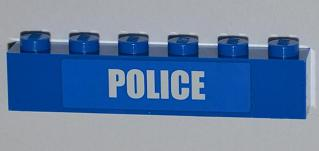 Lego Brick 1 x 6 with White 'POLICE' Small Bold Narrow Font on Blue Pattern (Sticker) - Set 4441