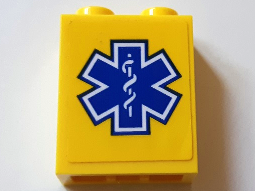 Lego Brick 1 x 2 x 2 with Inside Stud Holder with Blue and White EMT Star of Life on Yellow Background Pattern (Sticker) - Set 60179 / Yellow