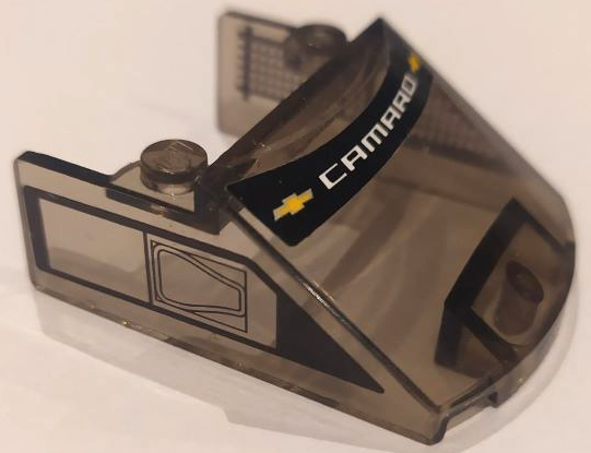 Lego Windscreen 5 x 4 x 1 2/3 with White 'CAMARO', Yellow Chevrolet Logos, and Black Window Frame and Grille Pattern (Stickers) - Set 75891 / Trans-Brown