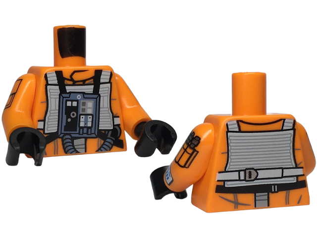 Lego Torso SW Rebel Pilot with Angled Front Panel, Black and White Belts with Buckles on Back Pattern / Orange Arms with Pockets, 3 Bullets, Panel with Red and Blue Buttons Pattern / Black Hands