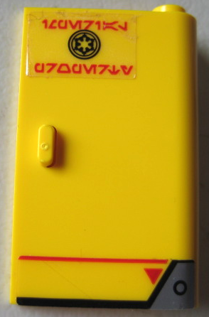 Lego Door 1 x 3 x 4 Right - Open Between Top and Bottom Hinge with SW Imperial Logo, Red Line, Triangle and Aurebesh Characters 'IMPERIAL PROPERTY' Pattern (Sticker) - Set 75219