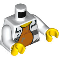 Lego Torso Prison Jumpsuit with Dark Bluish Gray Stripes over Orange Undershirt / '18675' on Back print, White Arms, Yellow Hands / White