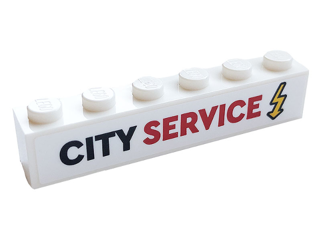 Lego Brick 1 x 6 with Black and Red 'CITY SERVICE' and Yellow Electricity Symbol Pattern (Sticker) - Set 60306 / White