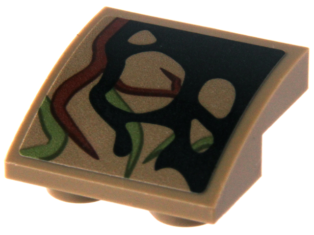 Lego Slope, Curved 2 x 2 x 2/3 Inverted with Reddish Brown Tree Bark Plates, Olive Green Vines and Black Splotch Pattern (Sticker) - Set 76249 / Dark Tan
