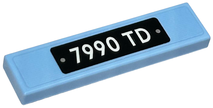 Lego Tile 1 x 4 with White '7990 TD' and 2 Silver Screws on Black Background Pattern (Sticker) - Set 76424 / Bright Light Blue