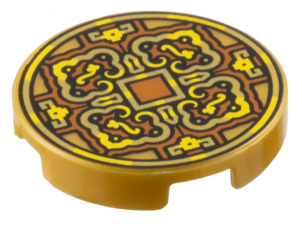 Lego Tile, Round 2 x 2 with Bottom Stud Holder with Gold and Yellow 4 Petal Flower Design and Square on Dark Orange Background Pattern (Coin) / Pearl Gold