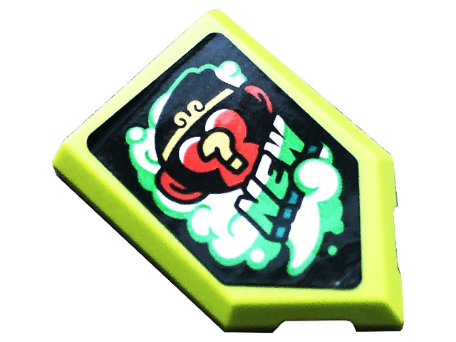 Lego Tile, Modified 2 x 3 Pentagonal with Monkey, Question Mark and 'NEW' on Black Background Pattern (Sticker) - Set 80020 / Lime