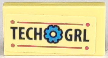 Lego Tile 1 x 2 with 'TECH GRL' and Dark Azure Cog Pattern (Sticker) - Set 41333 / Bright Light Yellow